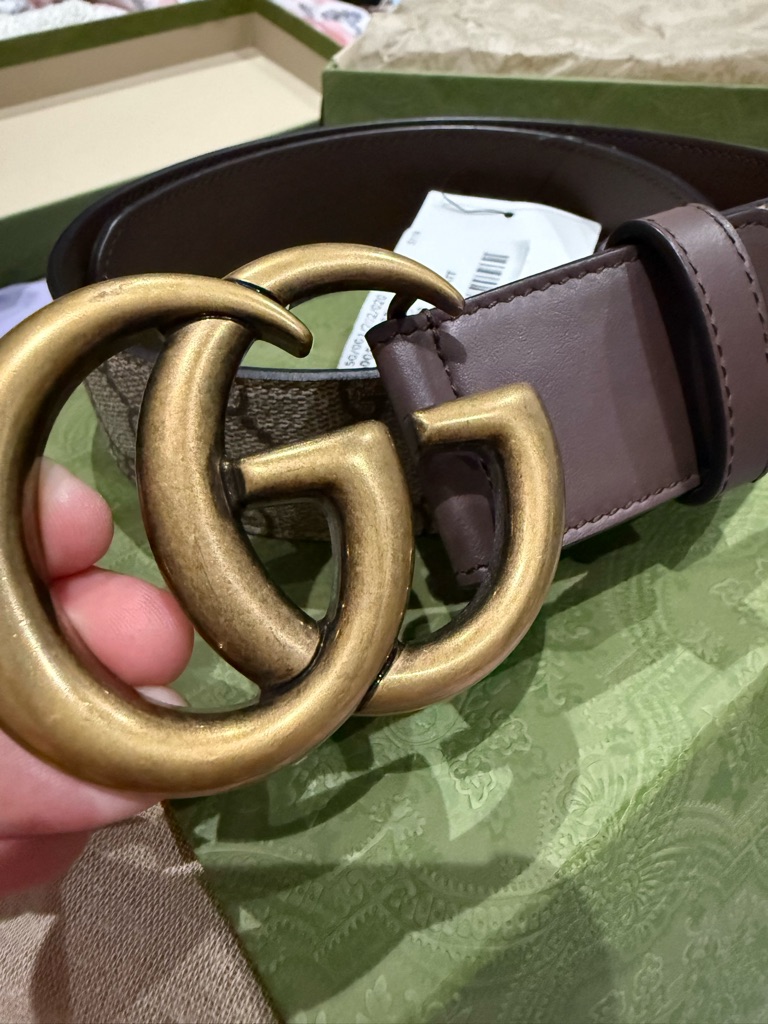 Gucci Brown Leather Belt With Antique Gold Double G Buckle